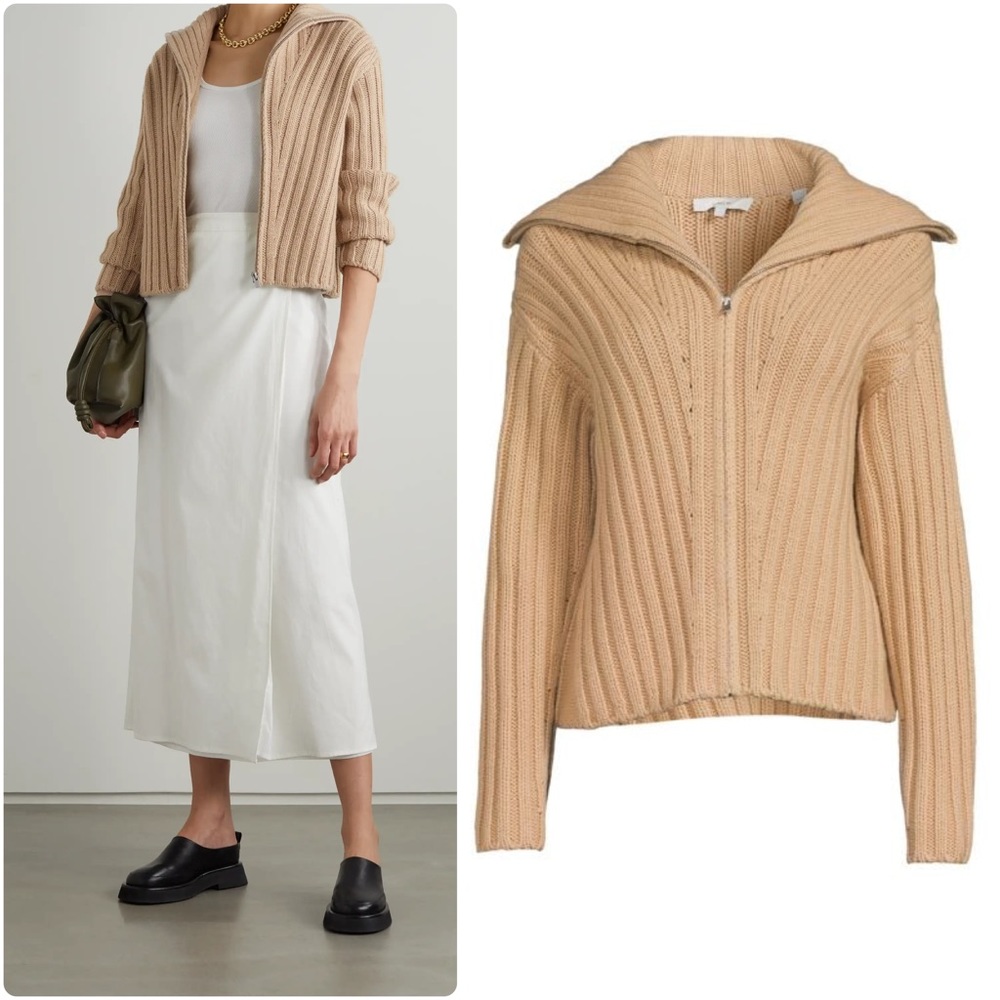 VINCE NWT Rib Transfer Wool Cashmere Zip Up Fisherman Sweater XL